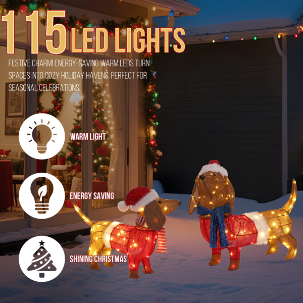 Set of 2 Lighted Dachshund Dogs | 115 LED Christmas Outdoor/Indoor Decor