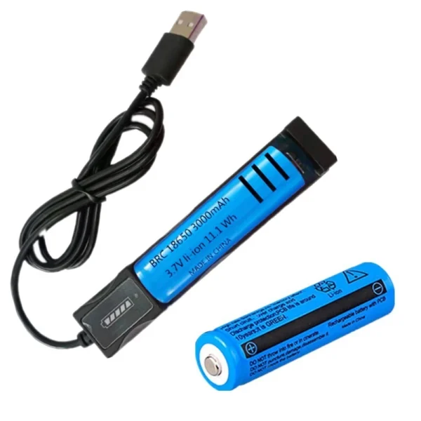 18650 Rechargeable Battery Charger Set – USB Smart Charger with 2× 3000mAh 3.7V Li-ion Batteries Keep your devices powered with this 18650 rechargeable battery charger set, including a USB smart charger and two high-capacity 3000mAh Li-ion batteries. Designed for convenience and safety, this compact charger allows you to charge batteries anywhere using a USB power source. Key Features Smart Battery Charger – Intelligent charging system automatically detects battery status and stops charging when the battery is fully charged to prevent overcharging. USB Powered Charging – Simply connect the charger to any USB port such as a wall adapter, power bank, laptop, or computer for convenient charging anywhere. Compact & Portable Design – Lightweight and pocket-sized single-slot charger makes it easy to carry while travelling or for everyday use. Advanced Safety Protection – Built-in protection features including over-voltage protection, over-current protection, short-circuit protection, reverse polarity protection, and heat dissipation design for safe operation. High Capacity Batteries Included – Comes with two 18650 3.7V 3000mAh rechargeable Li-ion batteries, ideal for powering compatible electronic devices. Specifications Charger Colour: Blue Power Supply: USB Charger Input Power: 100–240V ~ 50–60Hz Output Voltage: 4.2V – 1000mA Size: 65mm × 65mm × 18mm Battery Battery Type: 18650 Rechargeable Li-ion Battery Voltage: 3.7V Capacity: 3000mAh Power: 11.1W Environmentally Friendly – No memory effect Compatibility Suitable for devices using 18650 batteries, such as: Emergency lighting Portable electronic devices Power tools Other compatible battery-powered appliances Not suitable for vape devices. Note: This is not an AA or AAA battery. Safety Warning Do not dispose of batteries in fire or expose to excessive heat. Do not puncture, damage, or disassemble batteries. Do not mix new batteries with used batteries. Package Contents 1 × Single Slot USB Battery Charger 2 × 18650 Rechargeable Batteries (3000mAh) Ideal for reliable, convenient charging of 18650 Li-ion batteries at home or on the go.