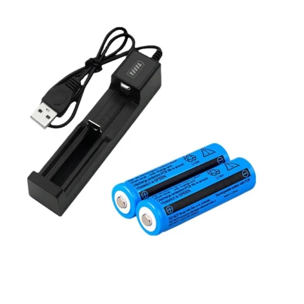 18650 Rechargeable Battery Charger Set – USB Smart Charger with 2× 3000mAh 3.7V Li-ion Batteries Keep your devices powered with this 18650 rechargeable battery charger set, including a USB smart charger and two high-capacity 3000mAh Li-ion batteries. Designed for convenience and safety, this compact charger allows you to charge batteries anywhere using a USB power source. Key Features Smart Battery Charger – Intelligent charging system automatically detects battery status and stops charging when the battery is fully charged to prevent overcharging. USB Powered Charging – Simply connect the charger to any USB port such as a wall adapter, power bank, laptop, or computer for convenient charging anywhere. Compact & Portable Design – Lightweight and pocket-sized single-slot charger makes it easy to carry while travelling or for everyday use. Advanced Safety Protection – Built-in protection features including over-voltage protection, over-current protection, short-circuit protection, reverse polarity protection, and heat dissipation design for safe operation. High Capacity Batteries Included – Comes with two 18650 3.7V 3000mAh rechargeable Li-ion batteries, ideal for powering compatible electronic devices. Specifications Charger Colour: Blue Power Supply: USB Charger Input Power: 100–240V ~ 50–60Hz Output Voltage: 4.2V – 1000mA Size: 65mm × 65mm × 18mm Battery Battery Type: 18650 Rechargeable Li-ion Battery Voltage: 3.7V Capacity: 3000mAh Power: 11.1W Environmentally Friendly – No memory effect Compatibility Suitable for devices using 18650 batteries, such as: Emergency lighting Portable electronic devices Power tools Other compatible battery-powered appliances Not suitable for vape devices. Note: This is not an AA or AAA battery. Safety Warning Do not dispose of batteries in fire or expose to excessive heat. Do not puncture, damage, or disassemble batteries. Do not mix new batteries with used batteries. Package Contents 1 × Single Slot USB Battery Charger 2 × 18650 Rechargeable Batteries (3000mAh) Ideal for reliable, convenient charging of 18650 Li-ion batteries at home or on the go.